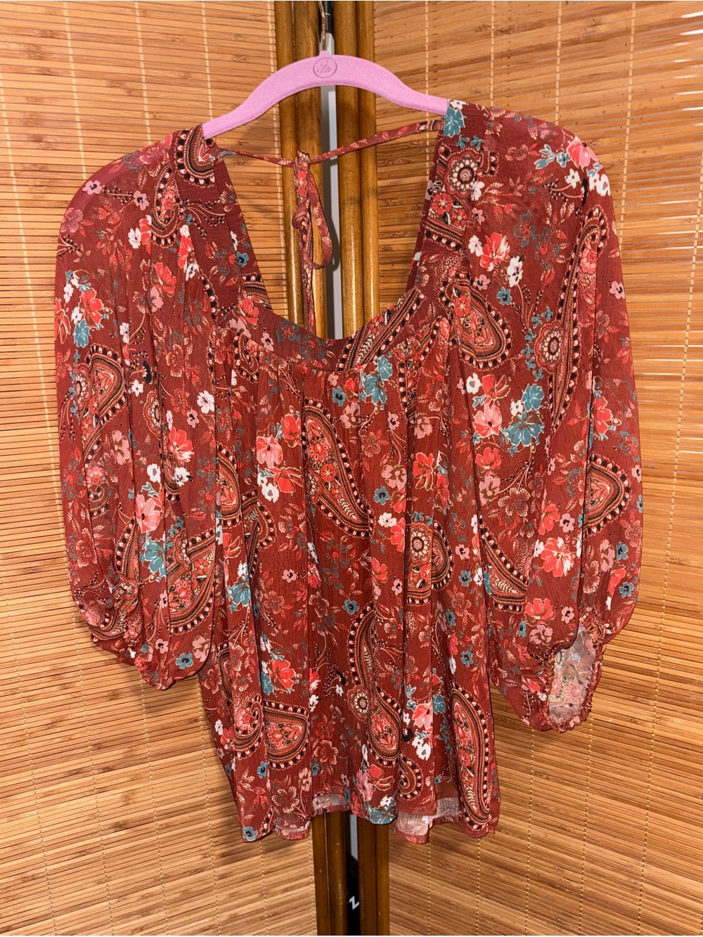 Mi Rust Paisley Floral Peasant Blouse with Teal Accents